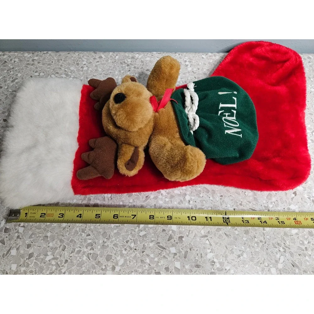 Christmas Stocking Red Reindeer Plush 3D Noel Green Sack Faux Fur Trim 20 Inch